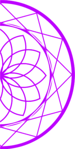 Abstract geometric design featuring a purple outline of interwoven lines and shapes, forming a semi-circular pattern with intricate details on a white background.