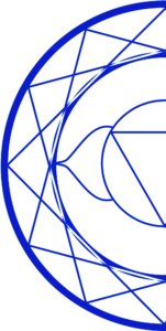 Abstract geometric design featuring a blue outline of interwoven lines and shapes, forming a semi-circular pattern with intricate details on a white background.