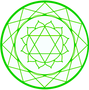 Green geometric mandala design with interlocking triangular patterns and lotus-like petals forming a circular motif on a white background.