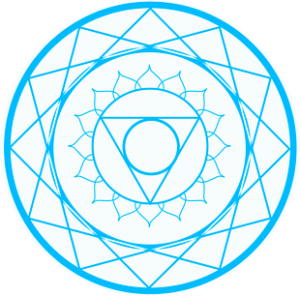 Light blue geometric mandala design with interlocking triangular patterns and lotus-like petals forming a circular motif on a white background.
