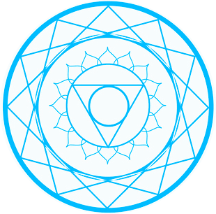 Light blue geometric mandala design with interlocking triangular patterns and lotus-like petals forming a circular motif on a white background.