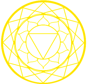 Yellow geometric mandala design with interlocking triangular patterns and lotus-like petals forming a circular motif on a white background.