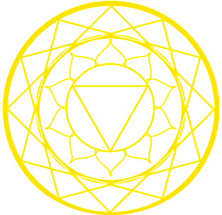 Yellow geometric mandala design with interlocking triangular patterns and lotus-like petals forming a circular motif on a white background.