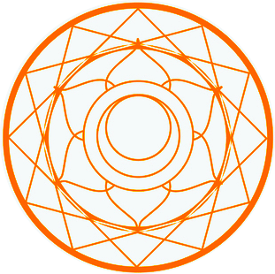 Orange geometric mandala design with interlocking triangular patterns and lotus-like petals forming a circular motif on a white background.