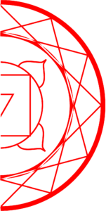 Abstract geometric design featuring a red outline of interwoven lines and shapes, forming a semi-circular pattern with intricate details on a white background.