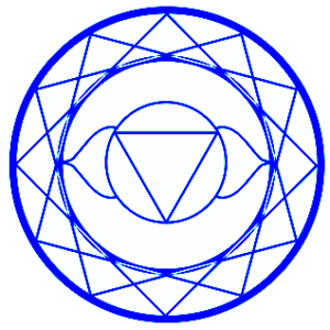 Blue geometric mandala design with interlocking triangular patterns and lotus-like petals forming a circular motif on a white background.