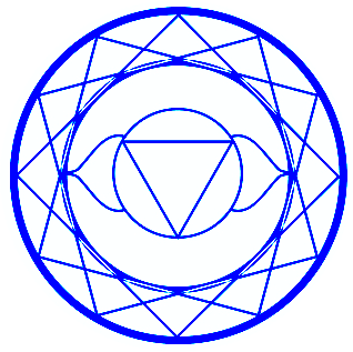 Blue geometric mandala design with interlocking triangular patterns and lotus-like petals forming a circular motif on a white background.