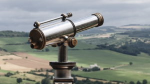Close-up of a silver and bronze telescope mounted on a stand, overlooking a scenic countryside with rolling green hills and a cloudy sky.
