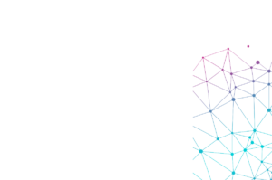 Abstract geometric network design with interconnected nodes and lines in gradient hues of blue, purple, and pink, positioned on the left side of a white background