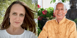 Portrait of Sarah and Master Mingtong Gu, symbolizing a collaborative and compassionate connection in the field of Wisdom Healing Qigong.