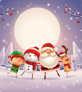Festive winter scene with Santa Claus, a snowman, an elf, and a reindeer smiling under a glowing full moon, surrounded by snow-covered trees and holiday decorations.