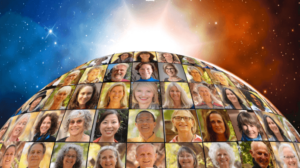 A vibrant mosaic of smiling participants from the global Wisdom Healing Qigong community, symbolizing unity, healing, and collective energy under a radiant cosmic background.