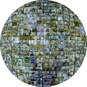 A mosaic of virtual participants practicing Wisdom Healing Qigong, featuring smiling faces and raised hands, symbolizing global community connection and shared healing energy.