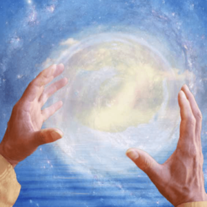 Hands practicing Lachi energy healing technique, holding a glowing orb of light against a serene background, symbolizing connection and transformation during a weekend workshop