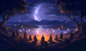 Peaceful gathering of people meditating around a glowing fire under a starry night sky, with a large moon reflecting over a serene lake surrounded by mountains.