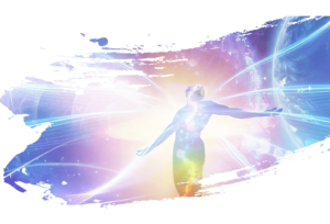 Abstract digital art featuring a radiant human figure surrounded by vibrant cosmic energy and dynamic light streaks, symbolizing transformation, connection, and universal harmony.