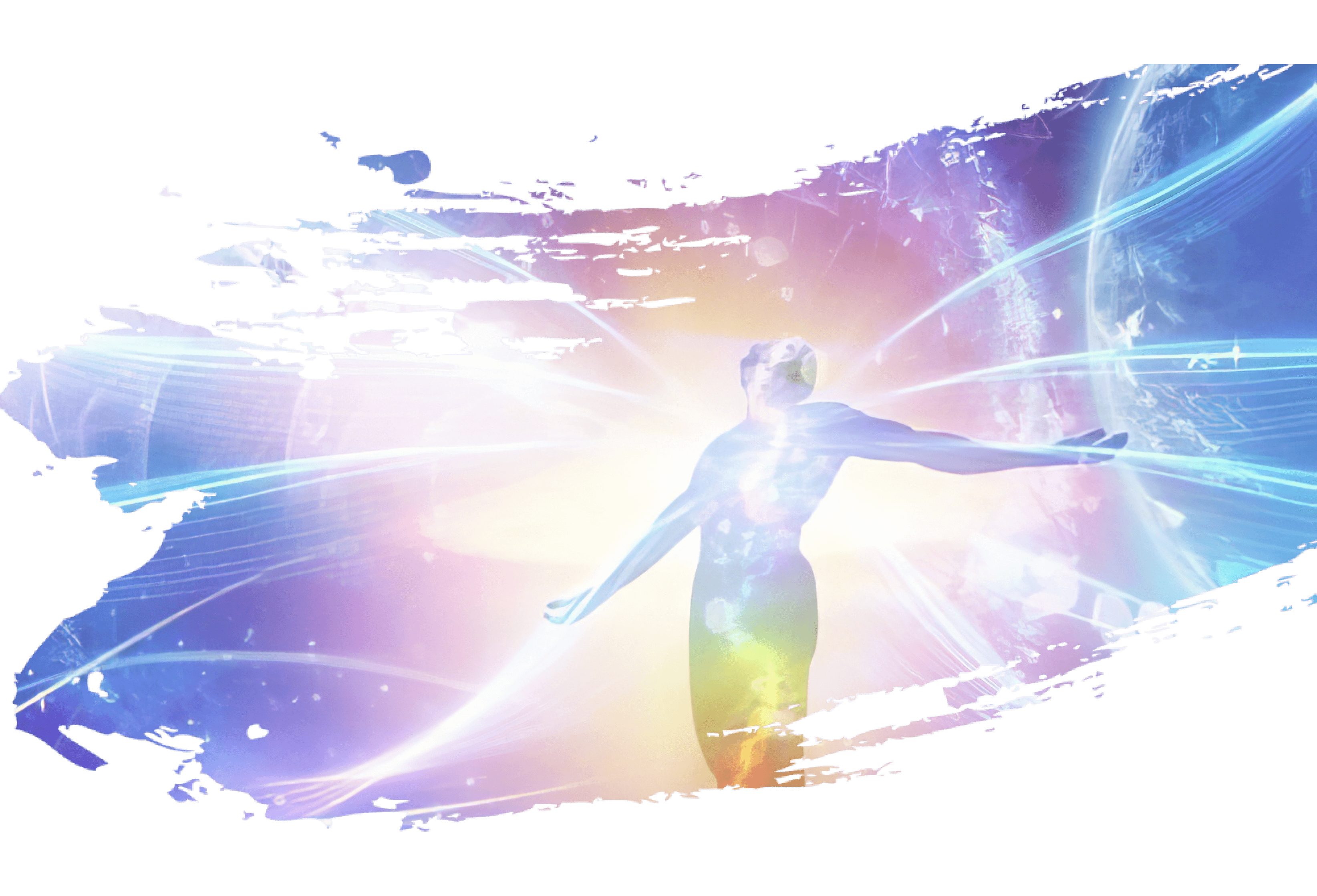 Abstract digital art featuring a radiant human figure surrounded by vibrant cosmic energy and dynamic light streaks, symbolizing transformation, connection, and universal harmony.