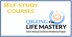 Qigong for Life Mastery self-study courses logo featuring a lotus design, promoting online training and community membership programs for personal growth and healing.