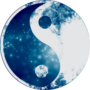 Stylized yin-yang symbol with a cosmic design, featuring starry textures and shades of blue and white, representing universal harmony and balance.