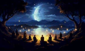Group of individuals meditating around a glowing fire under a luminous full moon, surrounded by serene mountains and a tranquil lake, symbolizing unity, reflection, and spiritual mentorship for the Living Tao Mentorship