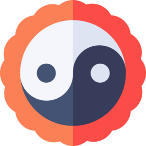 Yin-yang symbol in black and white with a vibrant red and orange scalloped border, symbolizing balance and unity.