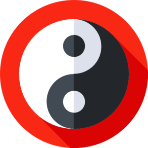 Black and white yin-yang symbol with a bold red circular background, representing duality and balance.