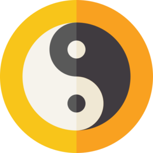 Classic yin-yang symbol in black and white with a yellow circular background, symbolizing balance and duality.