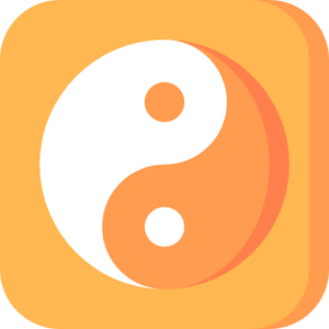 Modern yin-yang symbol in white and orange with a soft orange square background, representing harmony and balance.