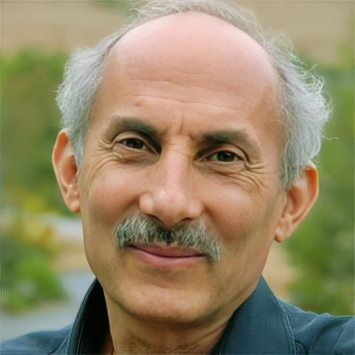 Close-up portrait of Jack Kornfield smiling softly, with a serene outdoor background featuring blurred greenery and warm tones.
