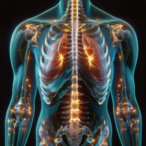 A detailed digital illustration of a human torso, highlighting the spine, ribcage, and nervous system pathways illuminated in vibrant orange and blue. The energetic pathways appear to pulse with light, symbolizing vitality and the flow of energy within the body, aligning with the principles of Energy Medicine in exploring the body's healing potential.