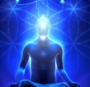 A glowing figure sits cross-legged in a meditative posture, surrounded by radiant blue energy patterns. The figure's head and body emit a powerful light, symbolizing inner energy and connection to a higher consciousness