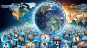 A conceptual digital artwork depicting the Earth from space surrounded by energetic blue lines and numerous computer monitors showcasing diverse people practicing Qigong. The monitors form a pathway leading from the planet, symbolizing the global connectivity and universal appeal of Wisdom Healing Qigong as a spiritual and physical practice.