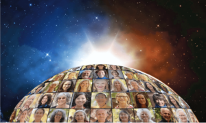 A mosaic of smiling faces from diverse backgrounds forming the surface of a globe under a vast starry sky, symbolizing global connection and unity in the Connections community.
