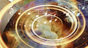 Digital artwork featuring golden musical notes and staves swirling around a colorful cosmic nebula, with a blend of deep orange and blue hues under a starry sky, creating a surreal and harmonious depiction of music in the universe.