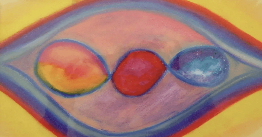 Abstract painting featuring three centrally placed oval shapes, each filled with radiant colors—orange and yellow on the left, solid red in the middle, and blue and grey on the right. These shapes are surrounded by sweeping curves of orange and blue, set against a soft yellow background, creating a sense of movement and harmony.
