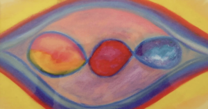 Abstract painting featuring three centrally placed oval shapes, each filled with radiant colors—orange and yellow on the left, solid red in the middle, and blue and grey on the right. These shapes are surrounded by sweeping curves of orange and blue, set against a soft yellow background, creating a sense of movement and harmony.