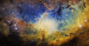 A vibrant celestial painting of a nebula in deep space, blending an array of brilliant colors from gold to azure, speckled with countless stars. The central, illuminating figure evokes a sense of Pure Consciousness, resonating with themes of Wisdom Healing Qigong spirituality and the vast, interconnected nature of the universe.