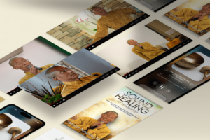 Collage of digital media featuring Master Mingtong Gu works in sound healing.