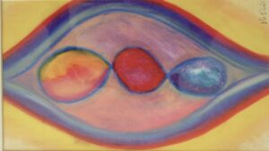 Abstract painting featuring three centrally placed oval shapes, each filled with radiant colors—orange and yellow on the left, solid red in the middle, and blue and grey on the right. These shapes are surrounded by sweeping curves of orange and blue, set against a soft yellow background, creating a sense of movement and harmony.