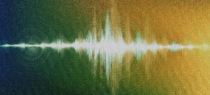 Abstract digital art of a sound wave in vibrant green and gold, symbolizing the harmonious energy flows in Wisdom Healing Qigong practices.