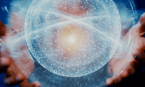 Hands dynamically positioned around a glowing blue and white spherical grid of interconnected nodes, symbolizing control or manipulation of energy, set against a blurred background that enhances the sense of motion and power.
