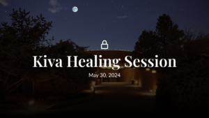 Kiva Healing Session on May 30, 2024. Image shows a night scene with a Kiva building under a starry sky and a full moon, surrounded by trees. The scene is illuminated with soft outdoor lighting, creating a serene and peaceful atmosphere.