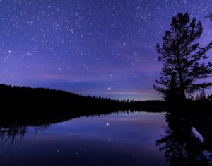 A tranquil night sky filled with countless stars reflects on a calm lake below, creating a mirror-like effect. Silhouettes of tall trees and a distant forest line the horizon, adding depth to the serene, starlit landscape. The deep blues and purples evoke a sense of peace, wonder, and connection to the universe, embodying the reflective and grounding experience of the 2024 Fall Retreats.