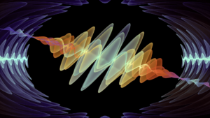 Abstract visualization of sound waves in vibrant colors, flowing symmetrically from each side with a central luminous wave, representing energy, frequency, and harmony—symbolizing the power of Qigong to unite health and spiritual growth.