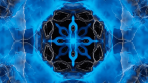 Abstract blue and black kaleidoscopic pattern with electric, lightning-like streaks, creating a symmetrical and vibrant design. The image evokes a sense of energy flow, depth, and dynamic balance, symbolizing inner transformation and spiritual harmony.