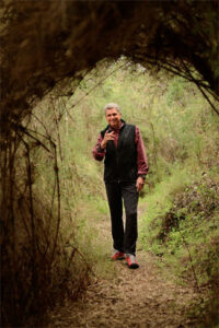Alberto Villoldo standing on a forest path, framed by an archway of branches and foliage, wearing a maroon shirt, black vest, and dark pants, with one hand raised in a thoughtful gesture.