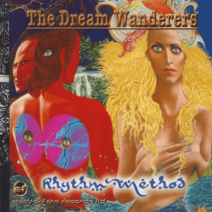 Album cover art for 'The Dream Wanderers - Rhythm Method,' featuring surreal, colorful imagery of two stylized figures: one with red skin, multiple eyes, and abstract blue shapes on the chest, and the other with golden curly hair and a contemplative expression. Background elements include water, trees, and intricate designs, creating a dreamlike and artistic scene.