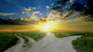 A scenic landscape with two dirt paths diverging in a grassy field, leading towards a radiant sunrise that fills the sky with golden light and beams piercing through clouds, symbolizing choice, transformation, and new beginnings.