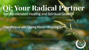 A promotional banner featuring the text "Qi: Your Radical Partner for Accelerated Healing and Spiritual Growth" over a blurred, serene background of green foliage and soft sunlight. Below, it reads, "Free Webinar with Qigong Master Mingtong Gu", inviting viewers to join an enriching, healing experience. A graceful lotus logo in the bottom right corner adds a sense of calm and spiritual depth, aligning with the theme of inner balance and transformation through Qi. The image radiates tranquility, capturing the essence of natural healing and spiritual expansion.