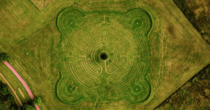 An aerial view of an intricate labyrinth carved into a lush green field, with pathways forming a symmetrical, organic pattern that spirals toward a central tree. The design invites reflection and mindful exploration, symbolizing the journey toward inner peace, self-discovery, and spiritual awakening. This labyrinth embodies the essence of Living Tao: A Journey of Collective Awakening and Profound Transformation, representing life’s twists and turns, the beauty of the path, and the ultimate arrival at the heart of wisdom and unity with nature.